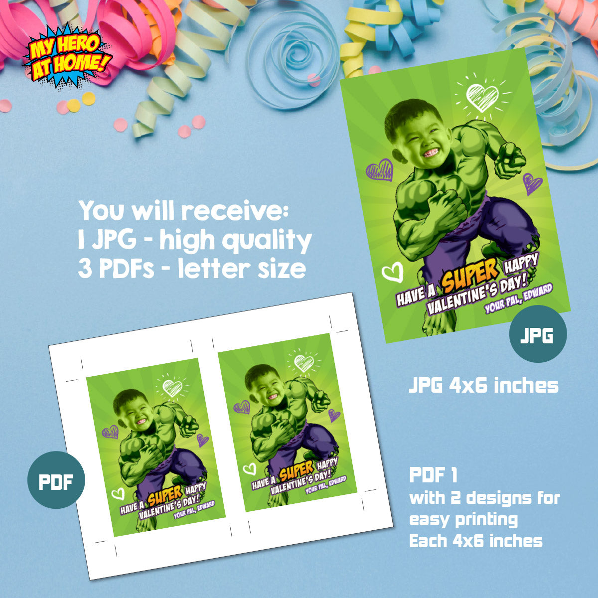 Personalized Hulk Valentines tags with child as the star, Valentine Hulk themed cards. 2399