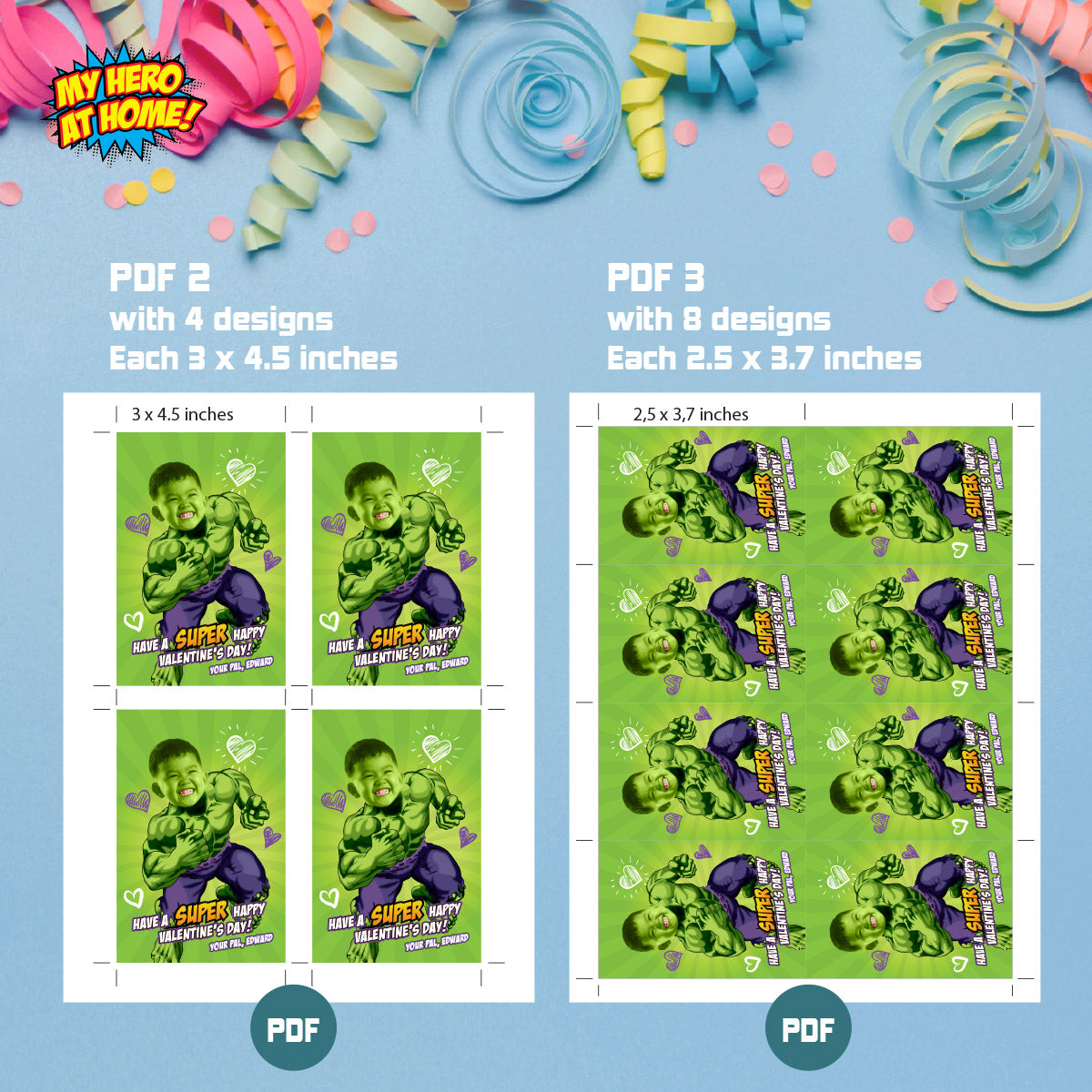 Personalized Hulk Valentines tags with child as the star, Valentine Hulk themed cards. 2399