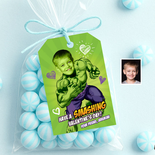 Custom Hulk Valentine’s day gifts tags with kid as his favorite superhero. 2400