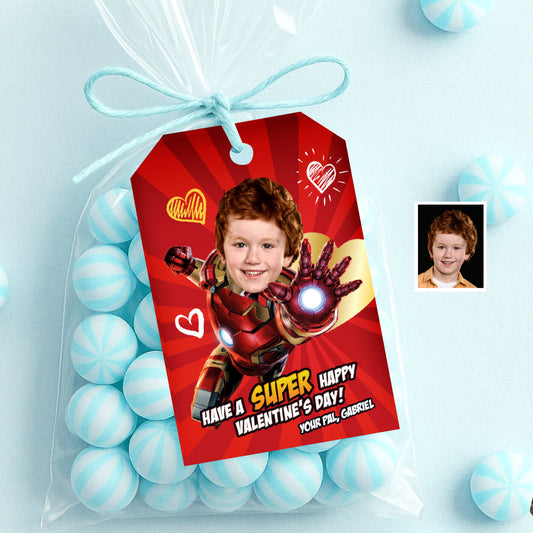 Personalized Ironman Valentines tags with child as the star, Valentine Ironman themed cards. 2401