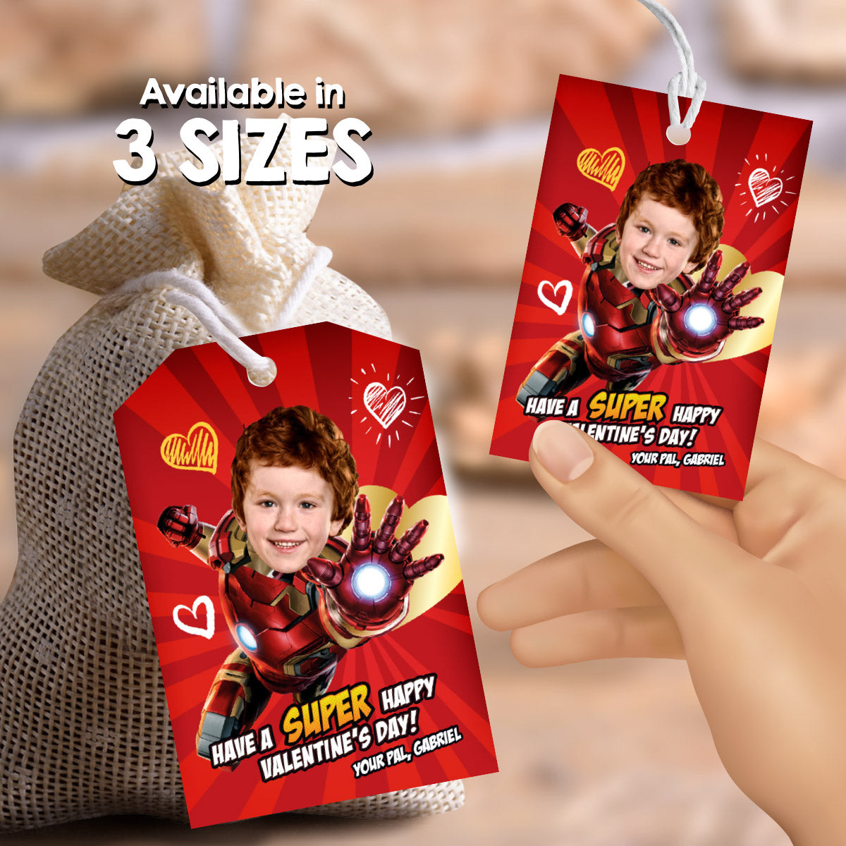Personalized Ironman Valentines tags with child as the star, Valentine Ironman themed cards. 2401