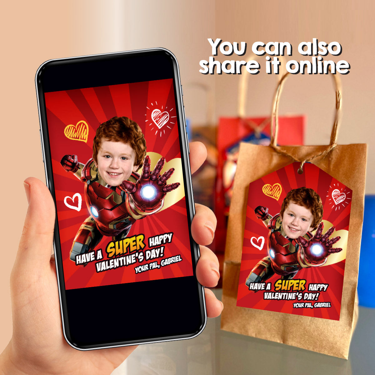 Personalized Ironman Valentines tags with child as the star, Valentine Ironman themed cards. 2401