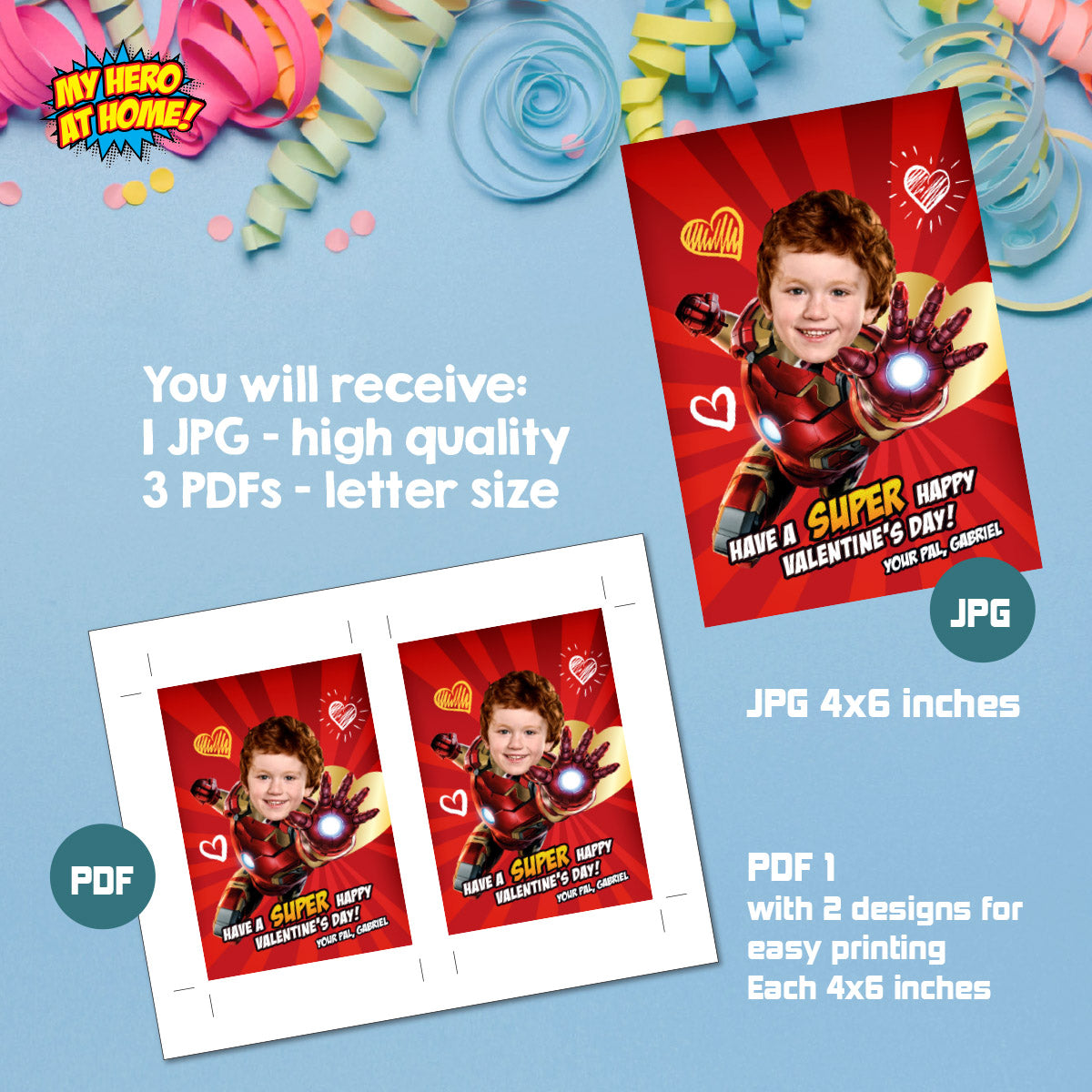 Personalized Ironman Valentines tags with child as the star, Valentine Ironman themed cards. 2401