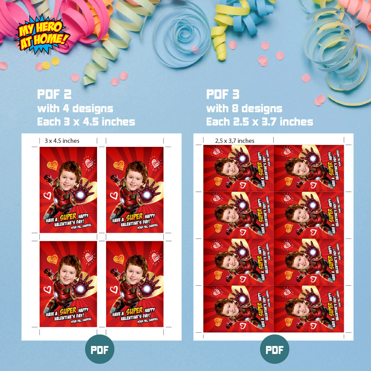 Personalized Ironman Valentines tags with child as the star, Valentine Ironman themed cards. 2401