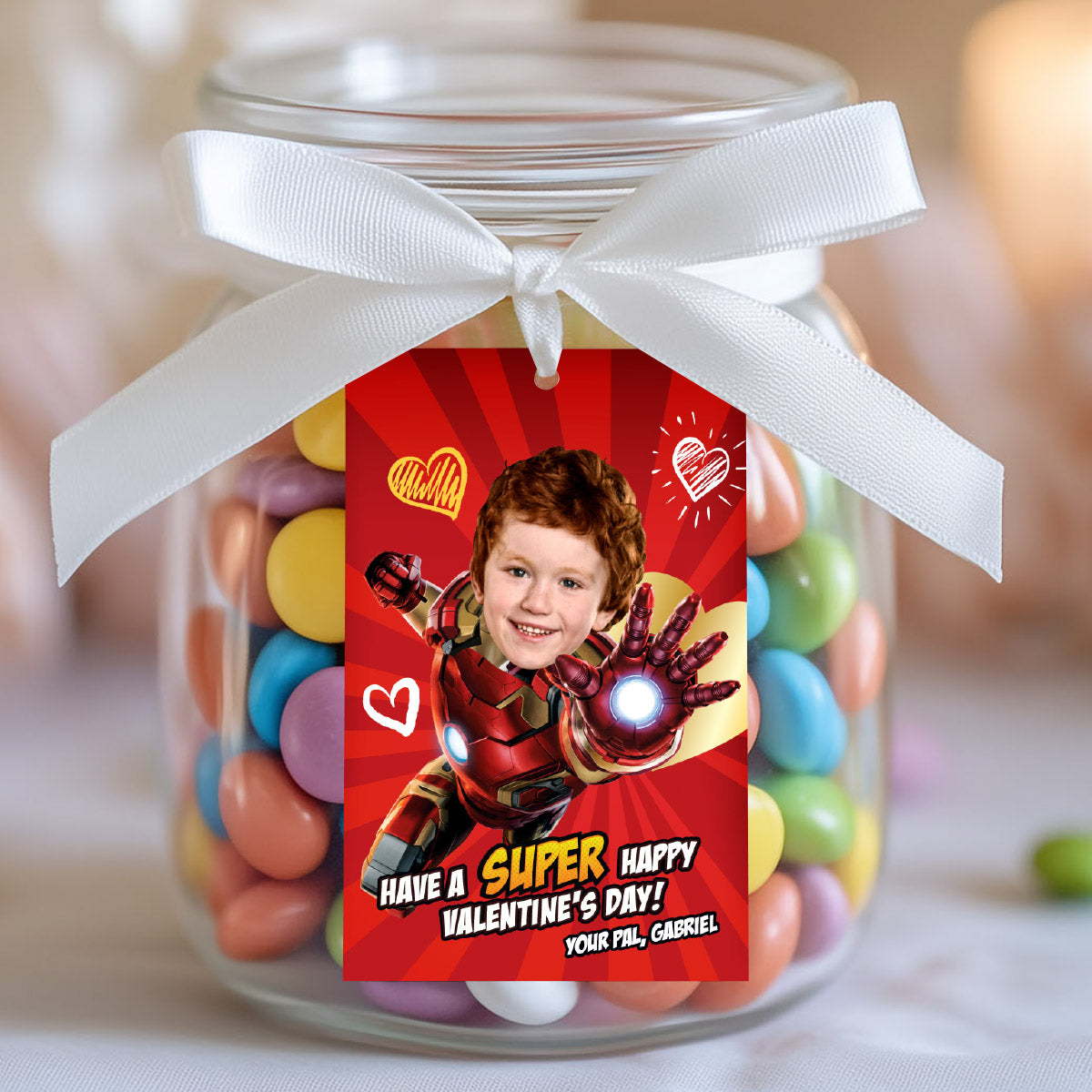 Personalized Ironman Valentines tags with child as the star, Valentine Ironman themed cards. 2401