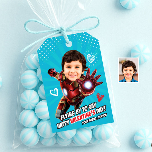 Custom Ironman Valentine’s day gifts tags with kid as his favorite Avenger. 2402