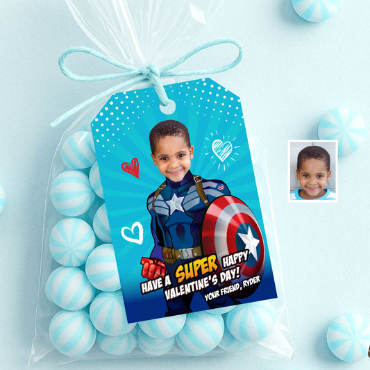Captain America Valentines tags with child as the star, Valentine Captain America themed cards. 2403