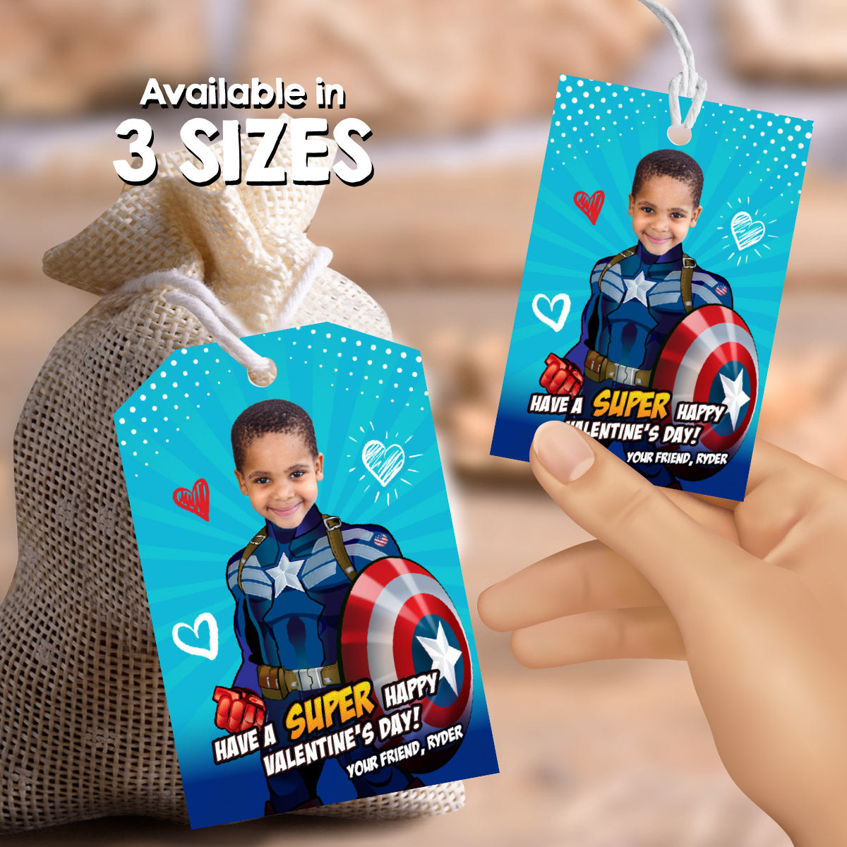Captain America Valentines tags with child as the star, Valentine Captain America themed cards. 2403