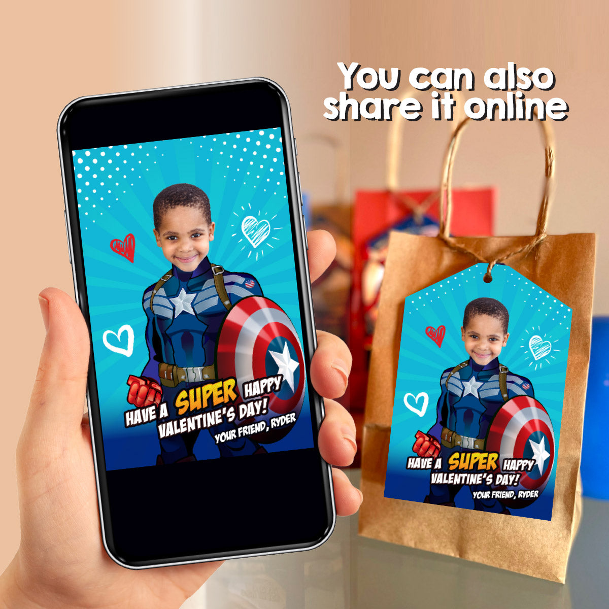 Captain America Valentines tags with child as the star, Valentine Captain America themed cards. 2403