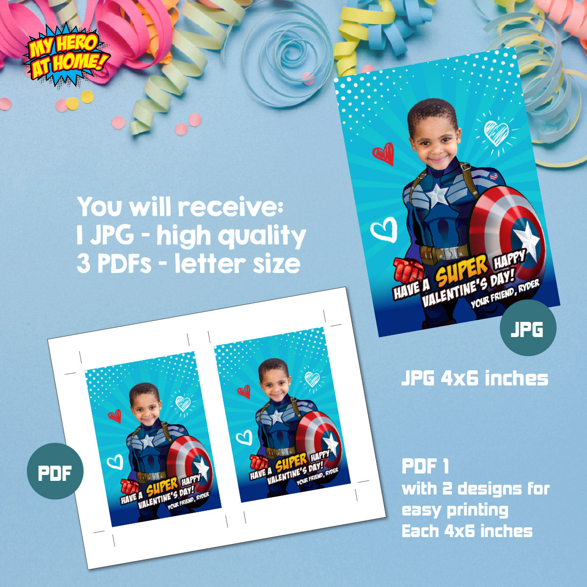 Captain America Valentines tags with child as the star, Valentine Captain America themed cards. 2403