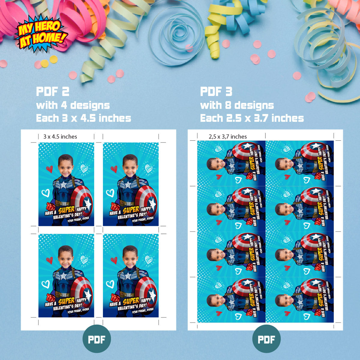 Captain America Valentines tags with child as the star, Valentine Captain America themed cards. 2403