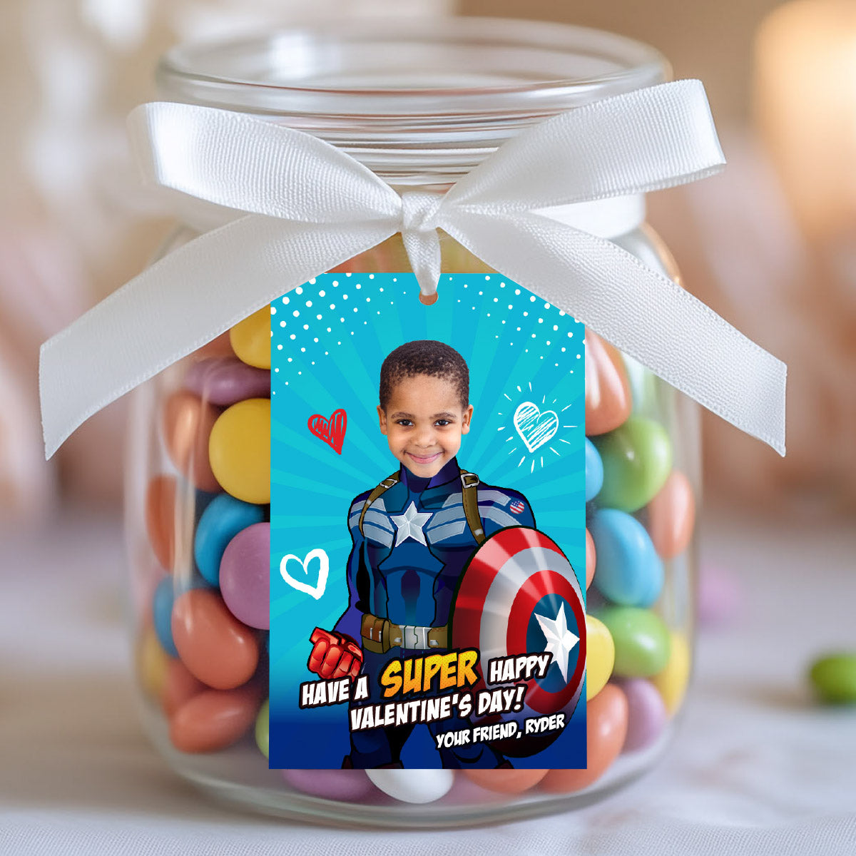 Captain America Valentines tags with child as the star, Valentine Captain America themed cards. 2403