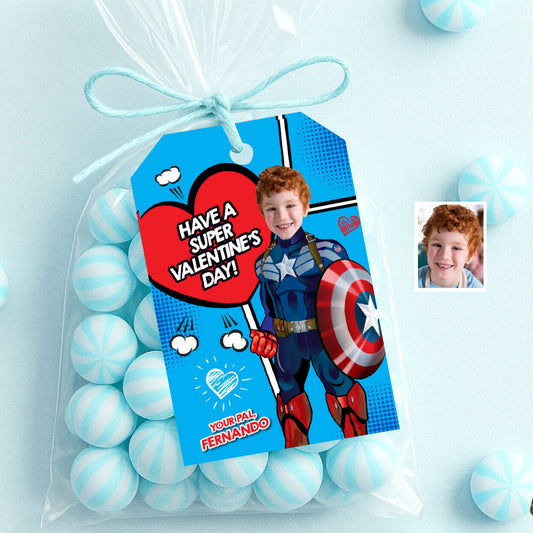 Custom Captain America Valentine’s day gifts tags with kid as his favorite Avenger. 2404