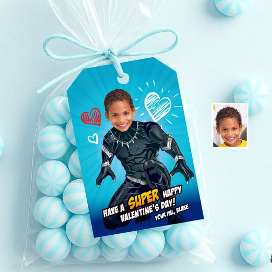 Custom Black Panther Valentine’s day gifts tags with kid as his favorite Avenger. 2406