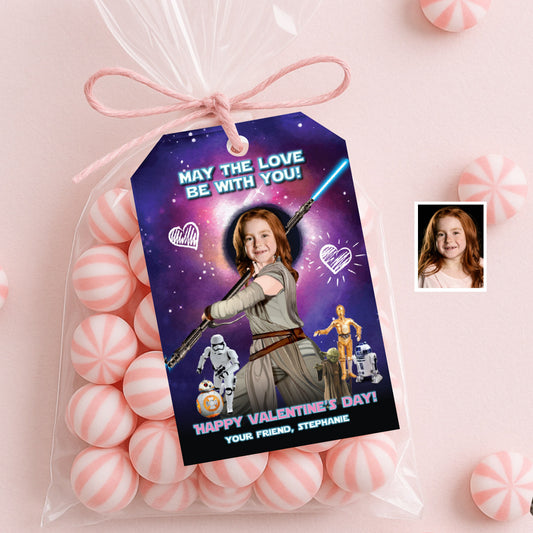 Jedi Rey Valentines tags with child as the star, Star Wars Valentine themed cards. 2409