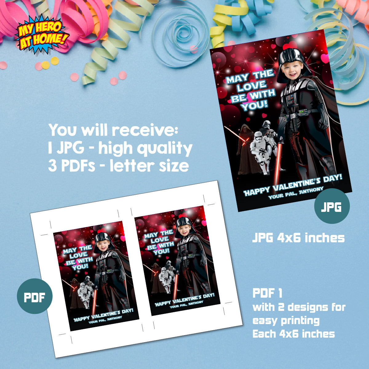 Darth Vader Valentines tags with child as the star, Star Wars Valentine themed cards. 2410