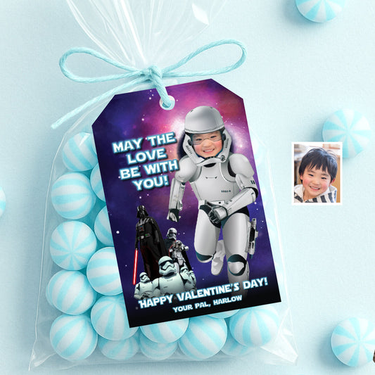 Stormtrooper Valentines tags with child as the star, Star Wars Droids Valentine cards. 2411