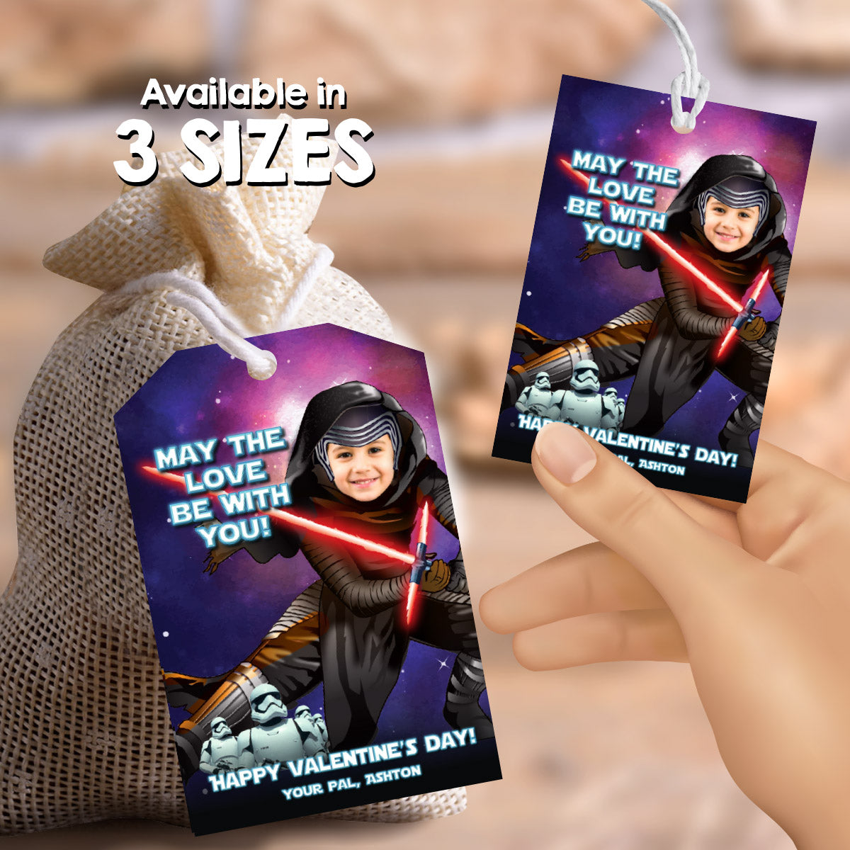 Kylo Ren Valentines tags with child as the star, Star Wars Valentine themed cards. 2412