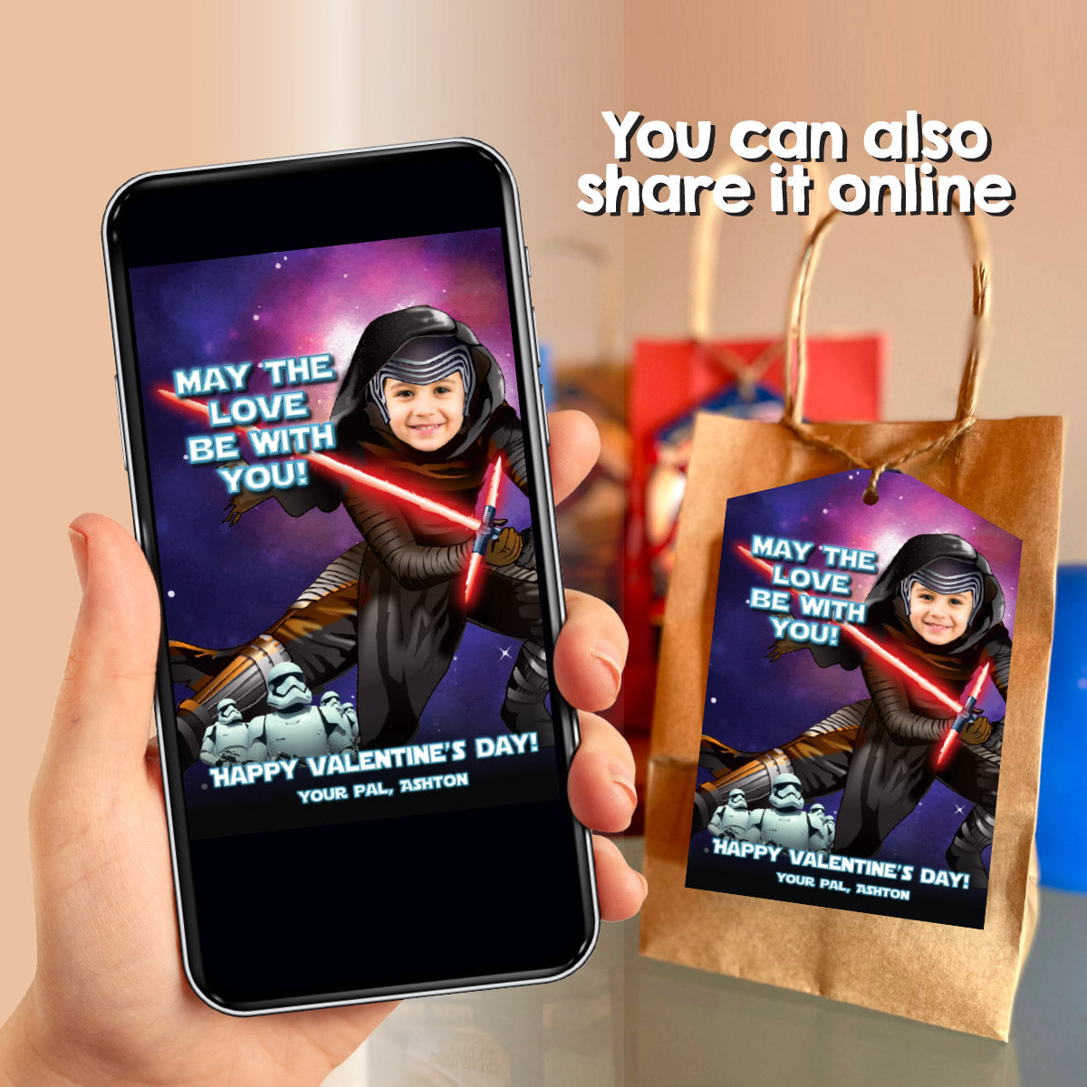 Kylo Ren Valentines tags with child as the star, Star Wars Valentine themed cards. 2412