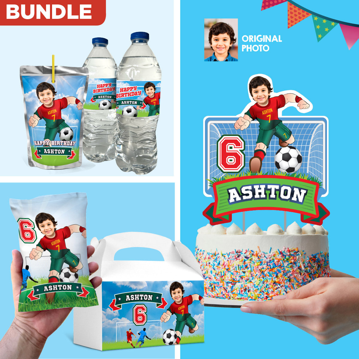 Matching birthday items for a Ronaldo Soccer table Party, cake topper, water, Chips, gable boxes. 2413B1
