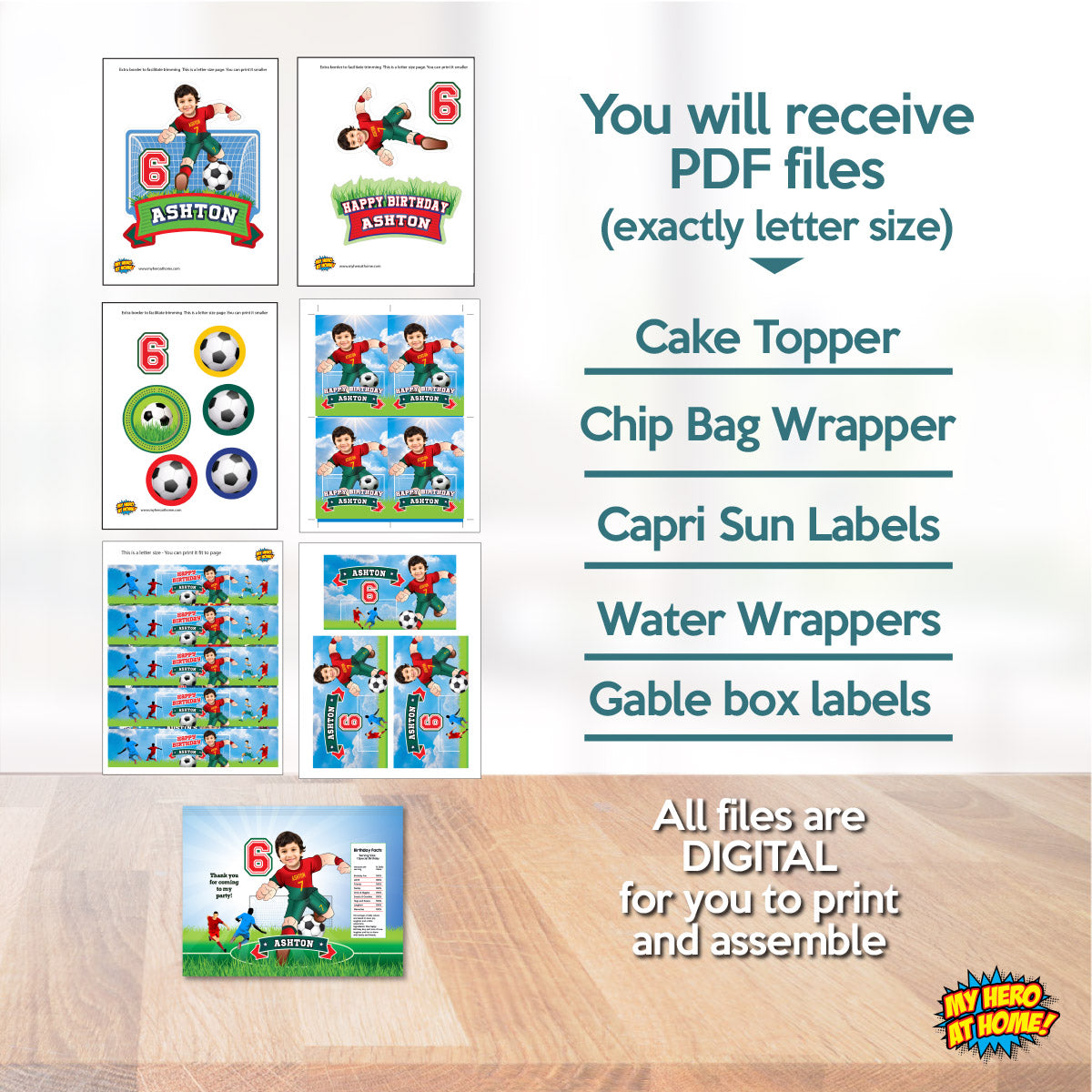 Matching birthday items for a Ronaldo Soccer table Party, cake topper, water, Chips, gable boxes. 2413B1