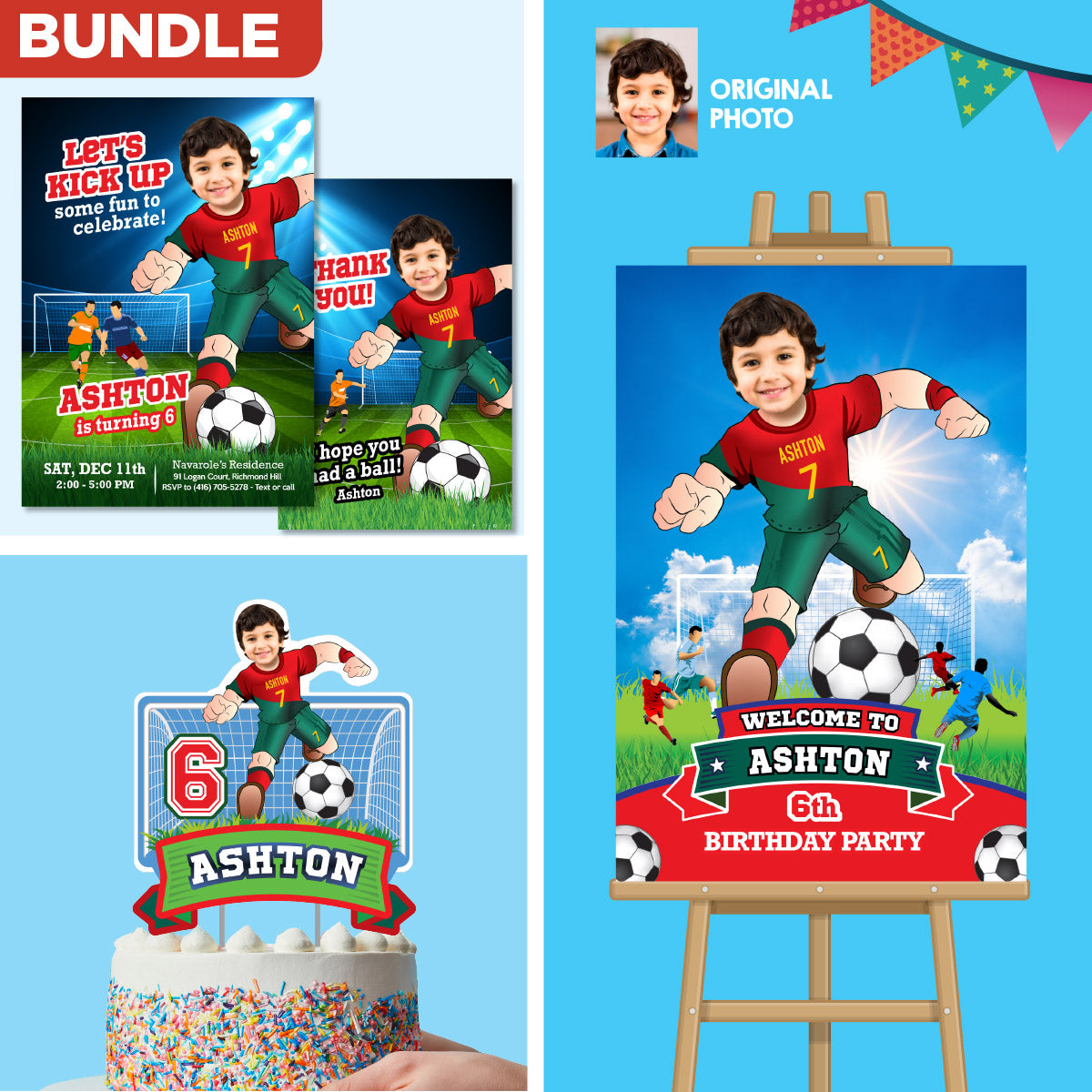 Personalized bundle for a Portugal soccer themed birthday Party with kid as Ronaldo. 2413B2