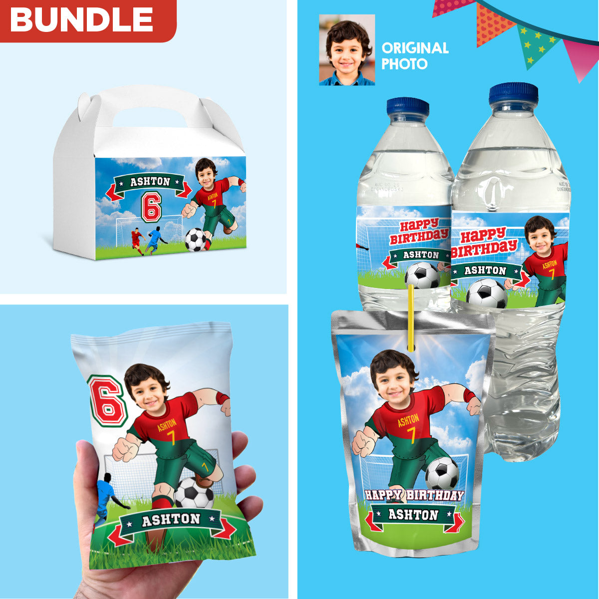 Matching snacks labels Bundle for a Ronaldo Soccer birthday themed personalized with photo. 2413B3