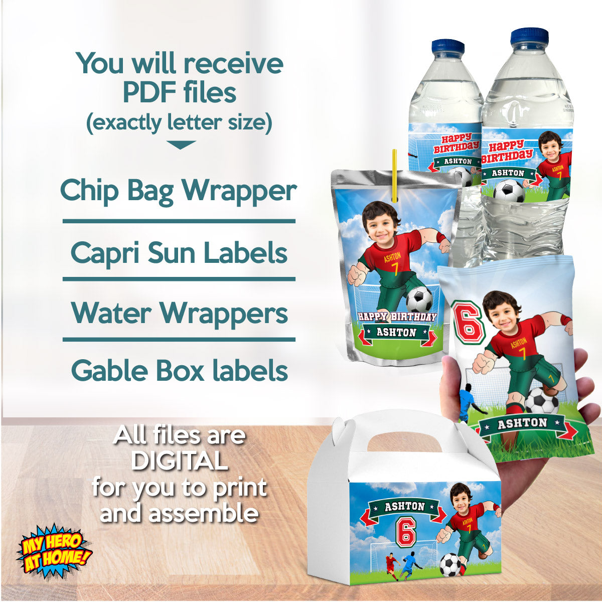 Matching snacks labels Bundle for a Ronaldo Soccer birthday themed personalized with photo. 2413B3
