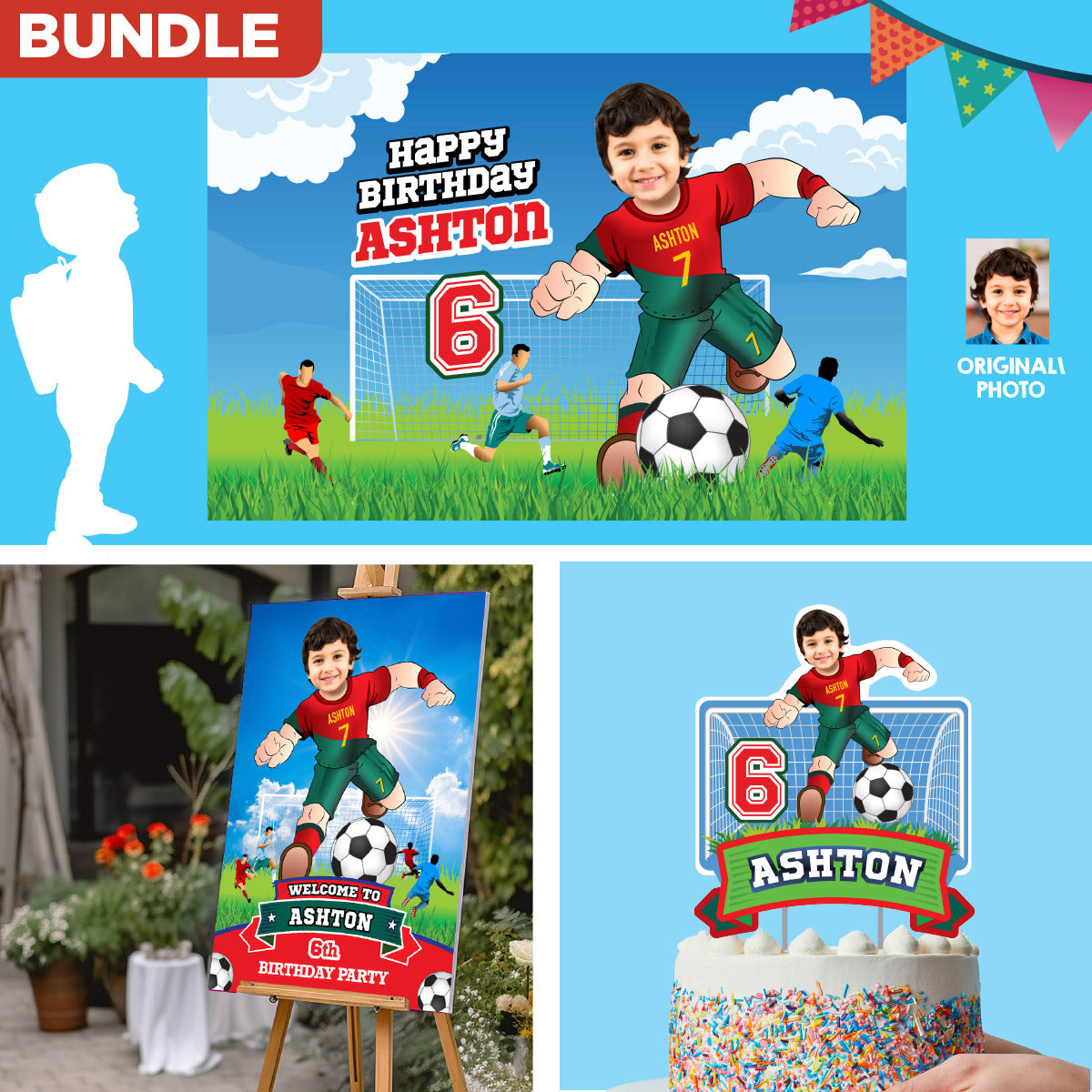 Custom Ronaldo Soccer party Bundle with photo, Ronaldo backdrop, cake topper, welcome sign. 2413B4