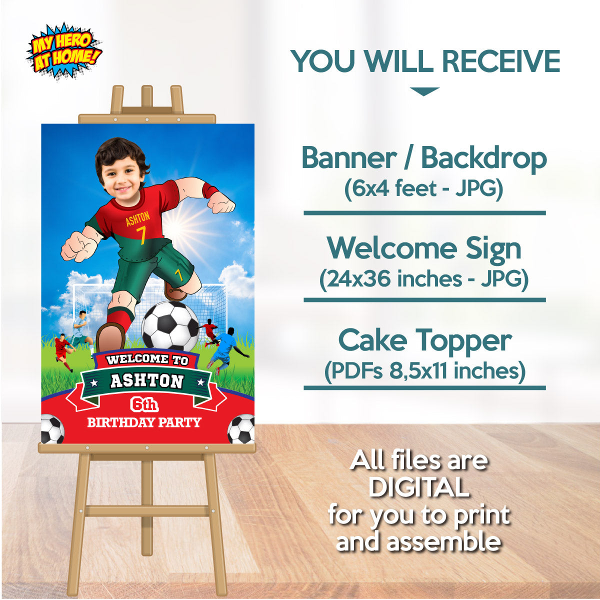 Custom Ronaldo Soccer party Bundle with photo, Ronaldo backdrop, cake topper, welcome sign. 2413B4