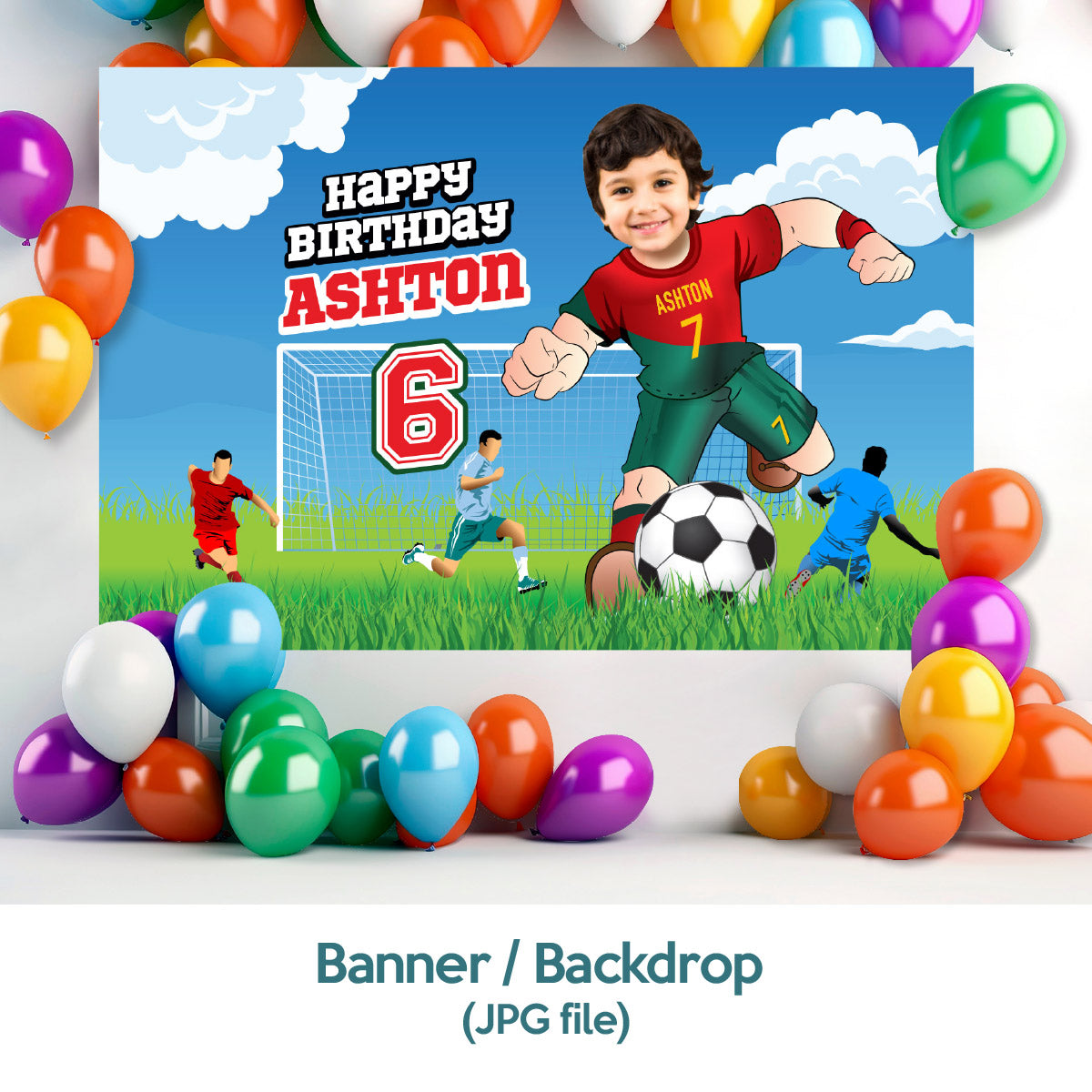 Custom Ronaldo Soccer party Bundle with photo, Ronaldo backdrop, cake topper, welcome sign. 2413B4