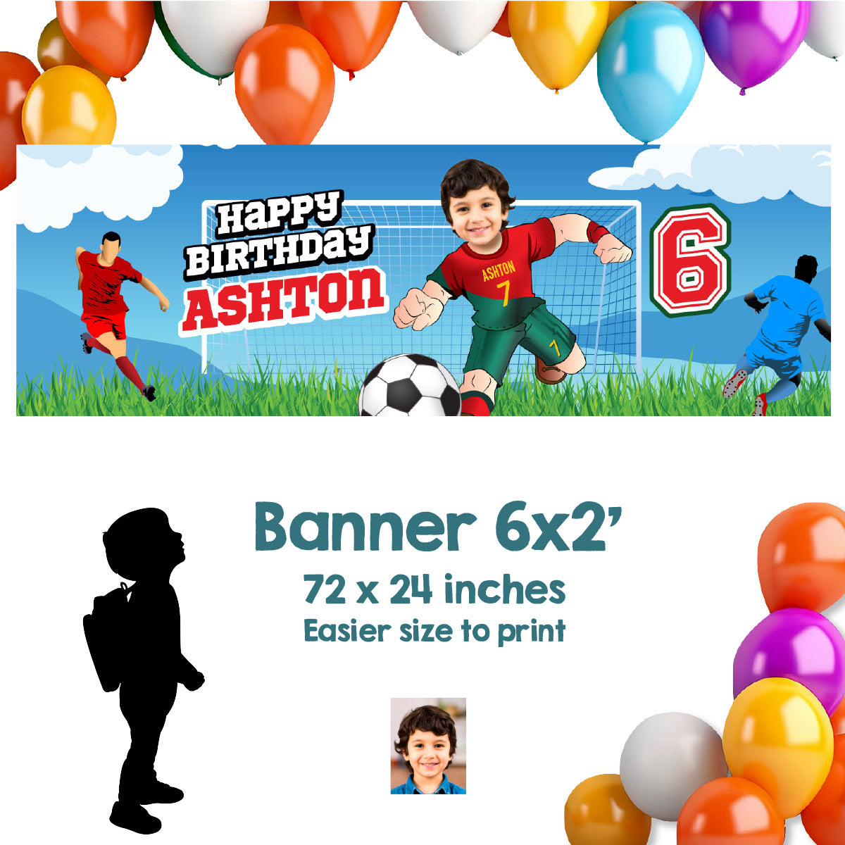 Portugal Soccer birthday banner with kid as his favorite player Ronaldo (6x2', Soccer decoration). 2413BBH
