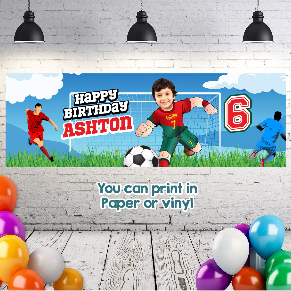 Portugal Soccer birthday banner with kid as his favorite player Ronaldo (6x2', Soccer decoration). 2413BBH
