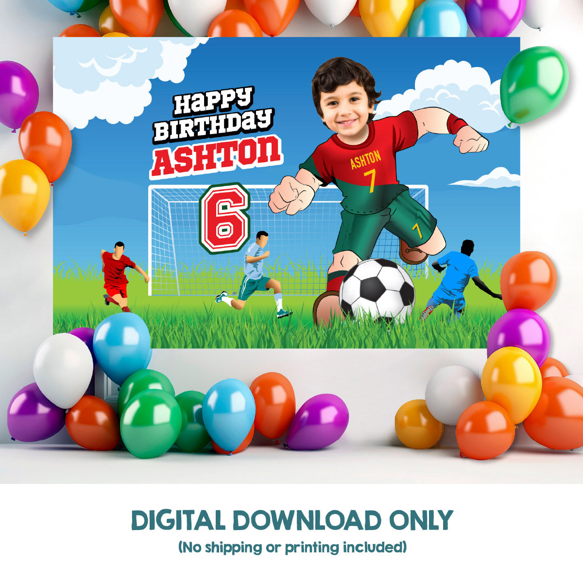 Soccer Birthday Backdrop with kid as Ronaldo, Custom Futbol Portugal party banner decoration. 2413BB
