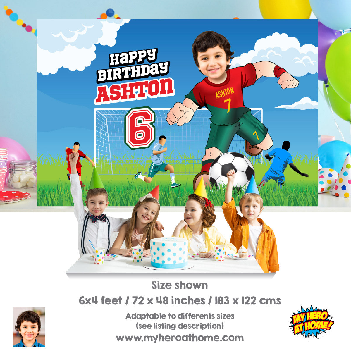 Soccer Birthday Backdrop with kid as Ronaldo, Custom Futbol Portugal party banner decoration. 2413BB