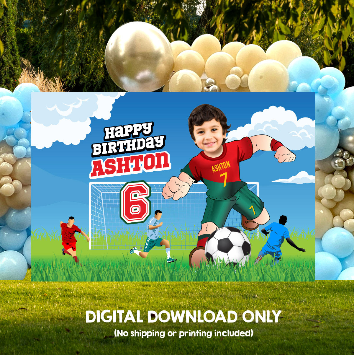 Soccer Birthday Backdrop with kid as Ronaldo, Custom Futbol Portugal party banner decoration. 2413BB