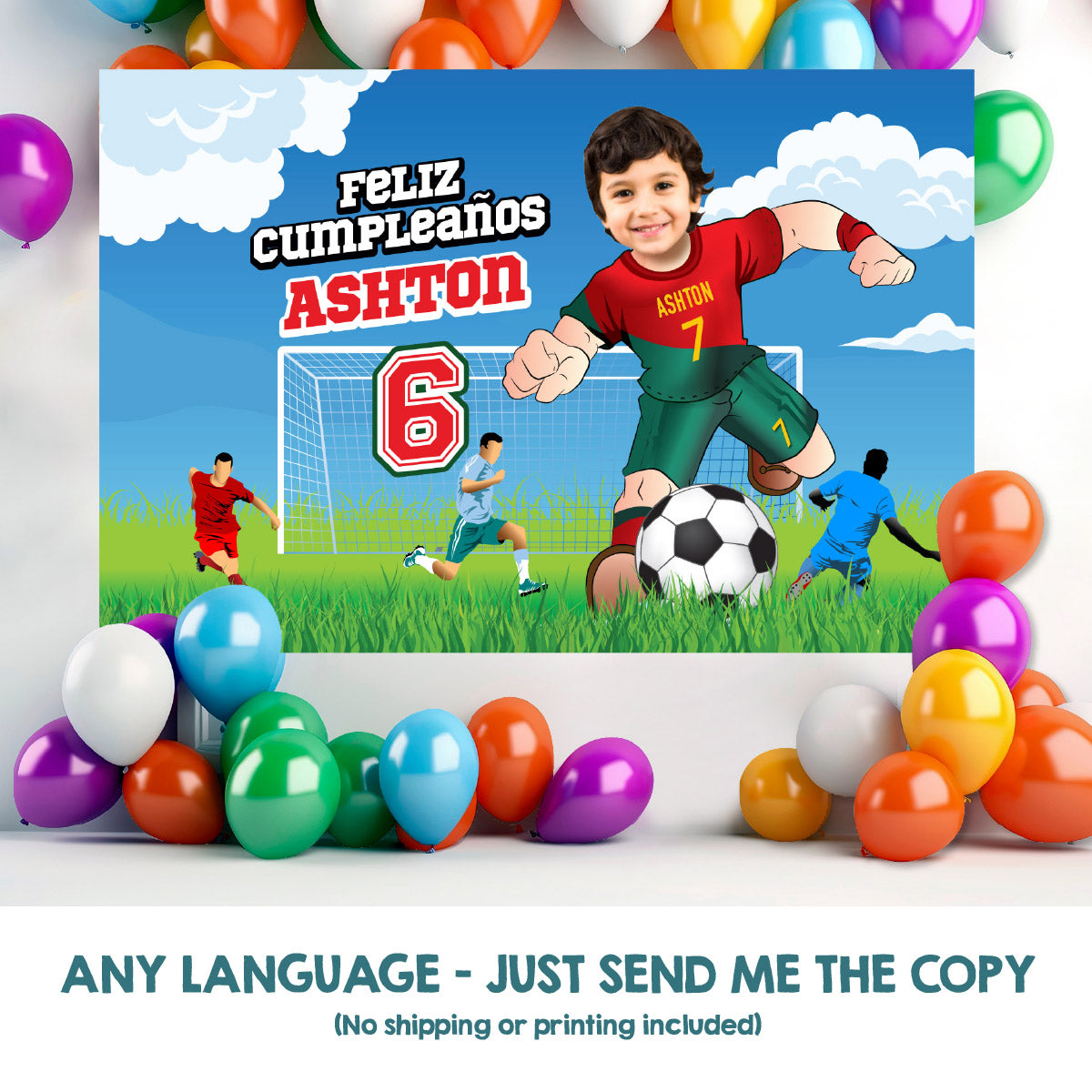 Soccer Birthday Backdrop with kid as Ronaldo, Custom Futbol Portugal party banner decoration. 2413BB