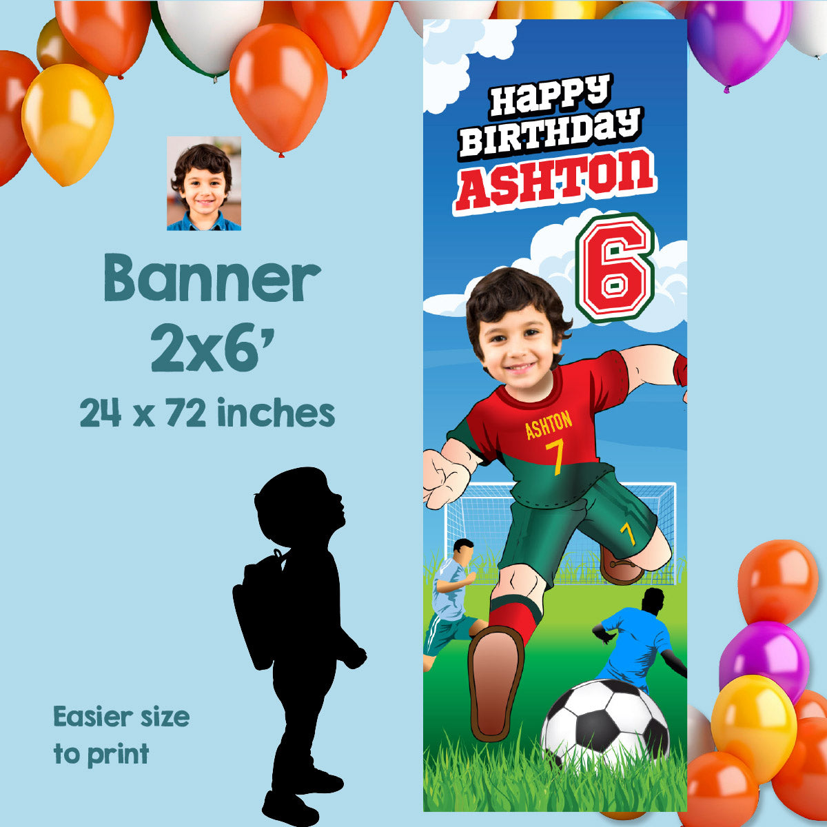Soccer Ronaldo vertical birthday banner with kid as the stat, Portugal football portrait (2x6', Portrait, Rollup). 2413BBV