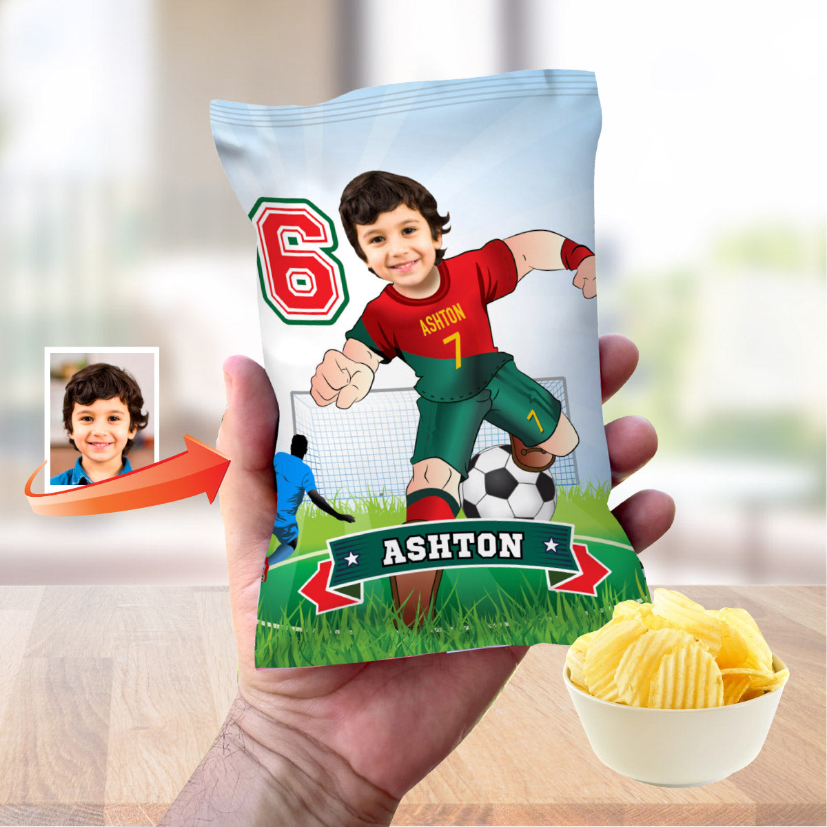 Matching birthday items for a Ronaldo Soccer table Party, cake topper, water, Chips, gable boxes. 2413B1