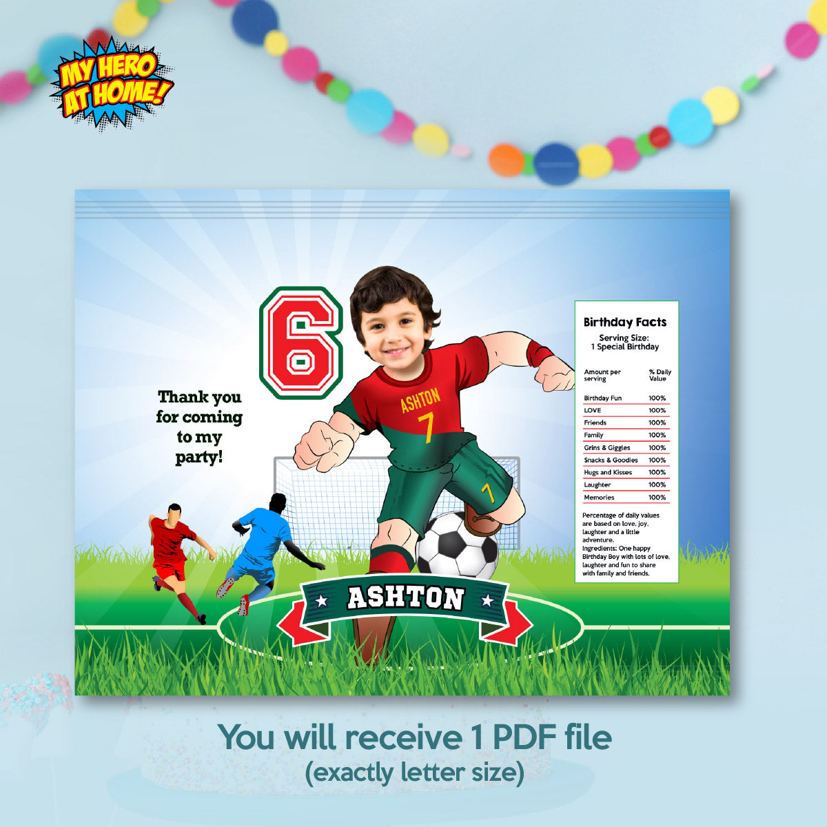 Matching birthday items for a Ronaldo Soccer table Party, cake topper, water, Chips, gable boxes. 2413B1