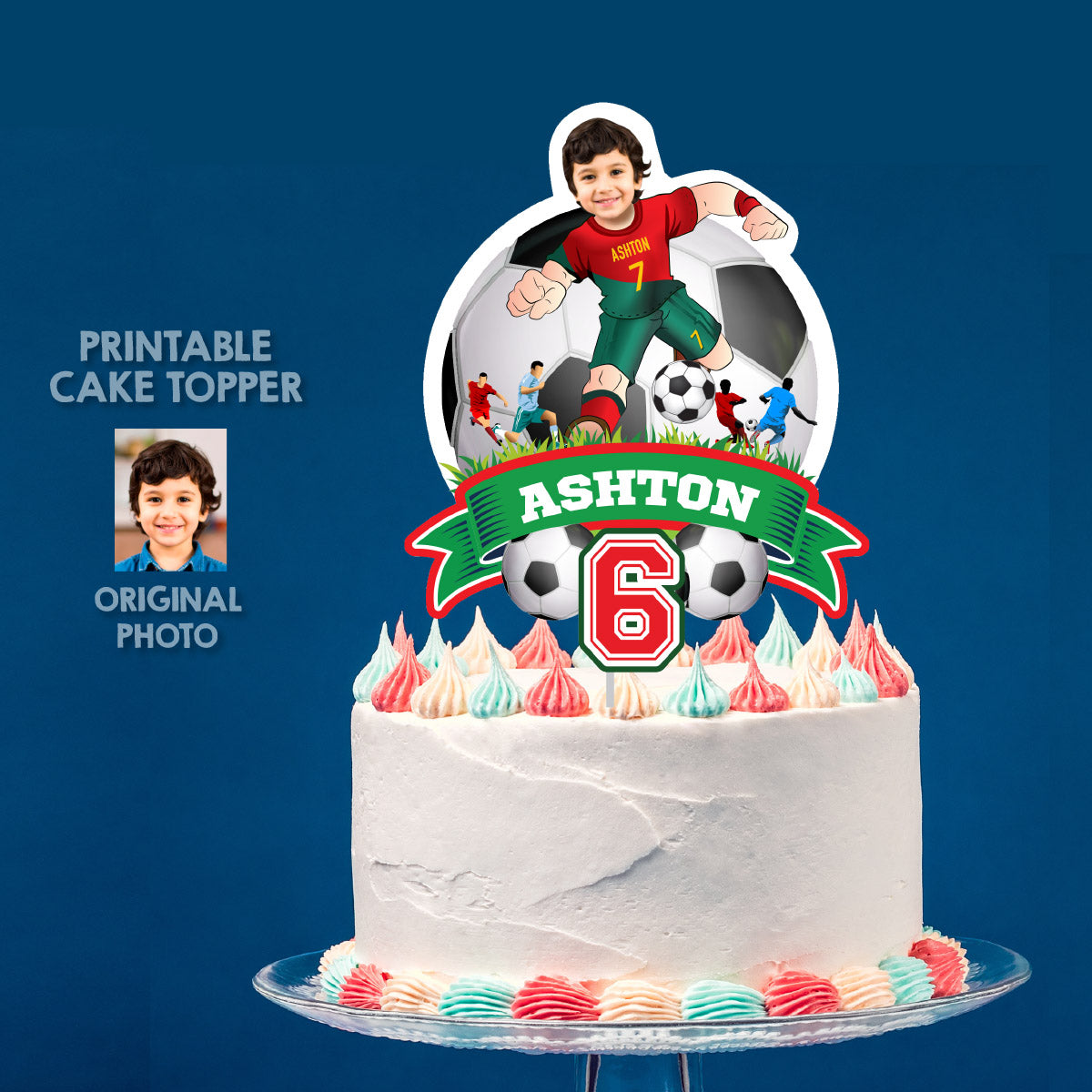 Portugal Soccer Cake topper featuring birthday boy as Ronaldo. 2413CT2