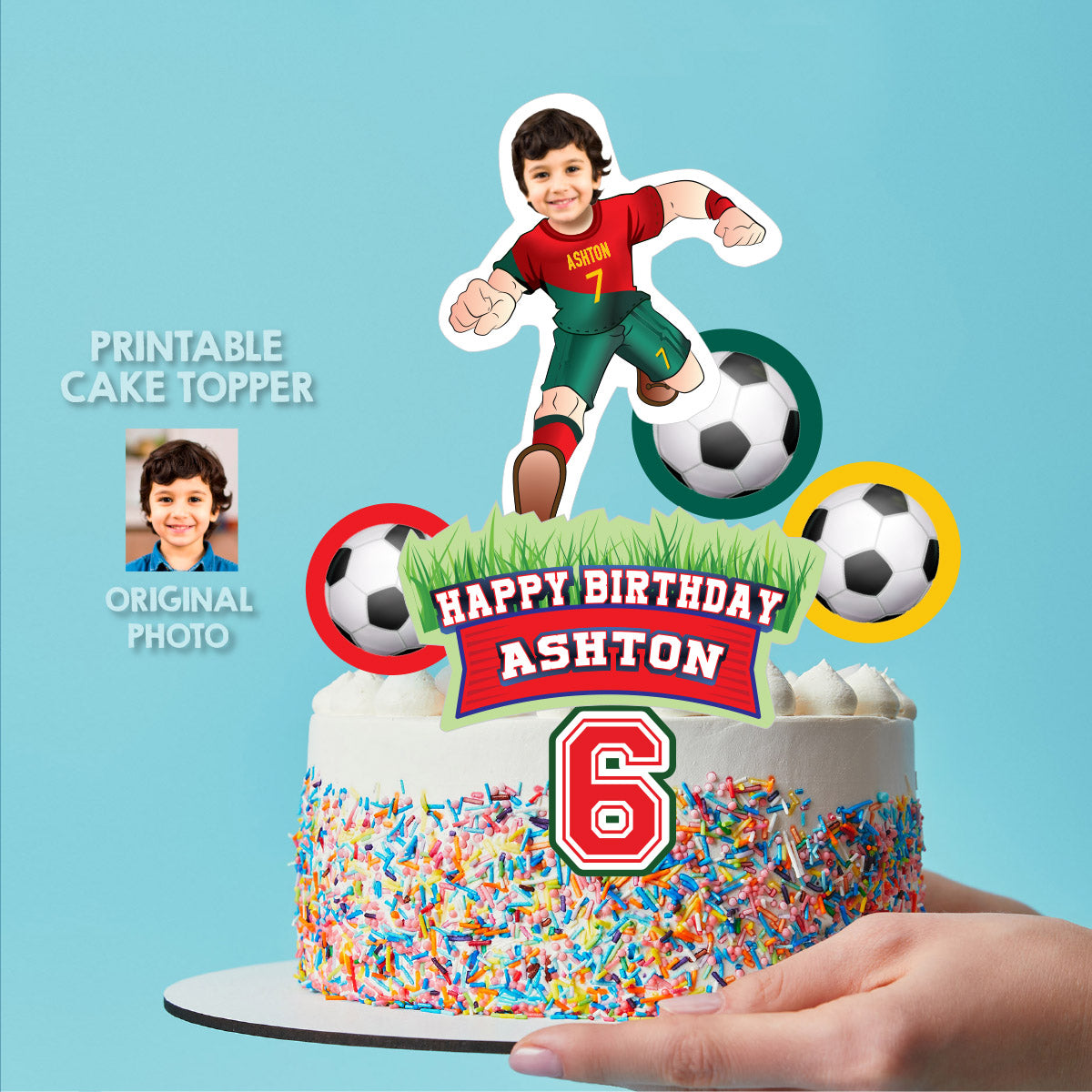 Portugal Soccer Cake topper featuring birthday boy as Ronaldo. 2413CT2