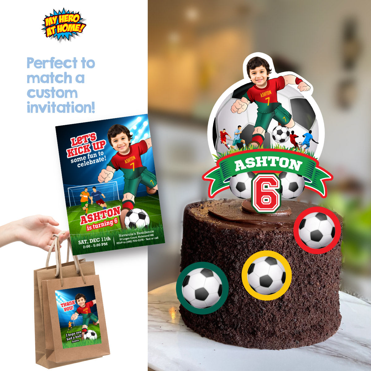 Portugal Soccer Cake topper featuring birthday boy as Ronaldo. 2413CT2