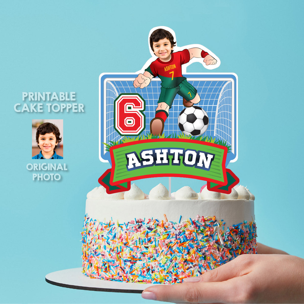 Matching birthday items for a Ronaldo Soccer table Party, cake topper, water, Chips, gable boxes. 2413B1