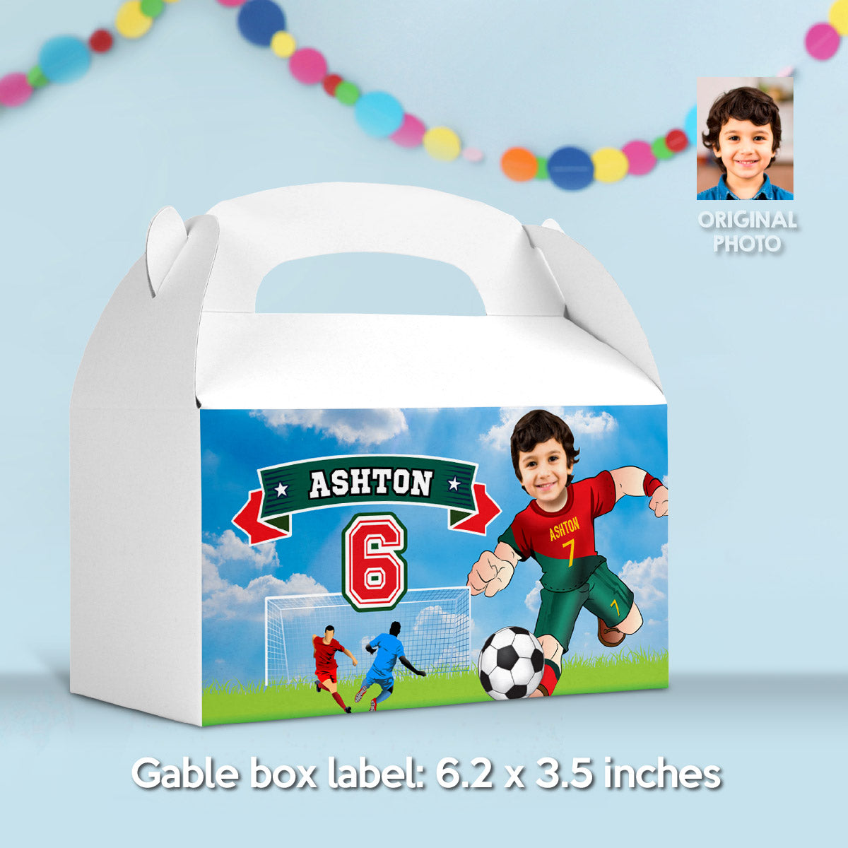Matching birthday items for a Ronaldo Soccer table Party, cake topper, water, Chips, gable boxes. 2413B1