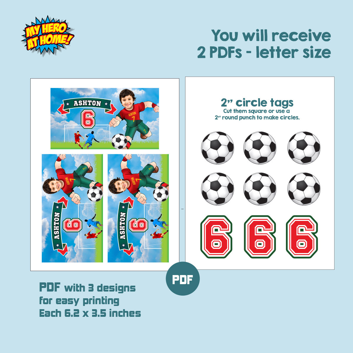 Matching birthday items for a Ronaldo Soccer table Party, cake topper, water, Chips, gable boxes. 2413B1
