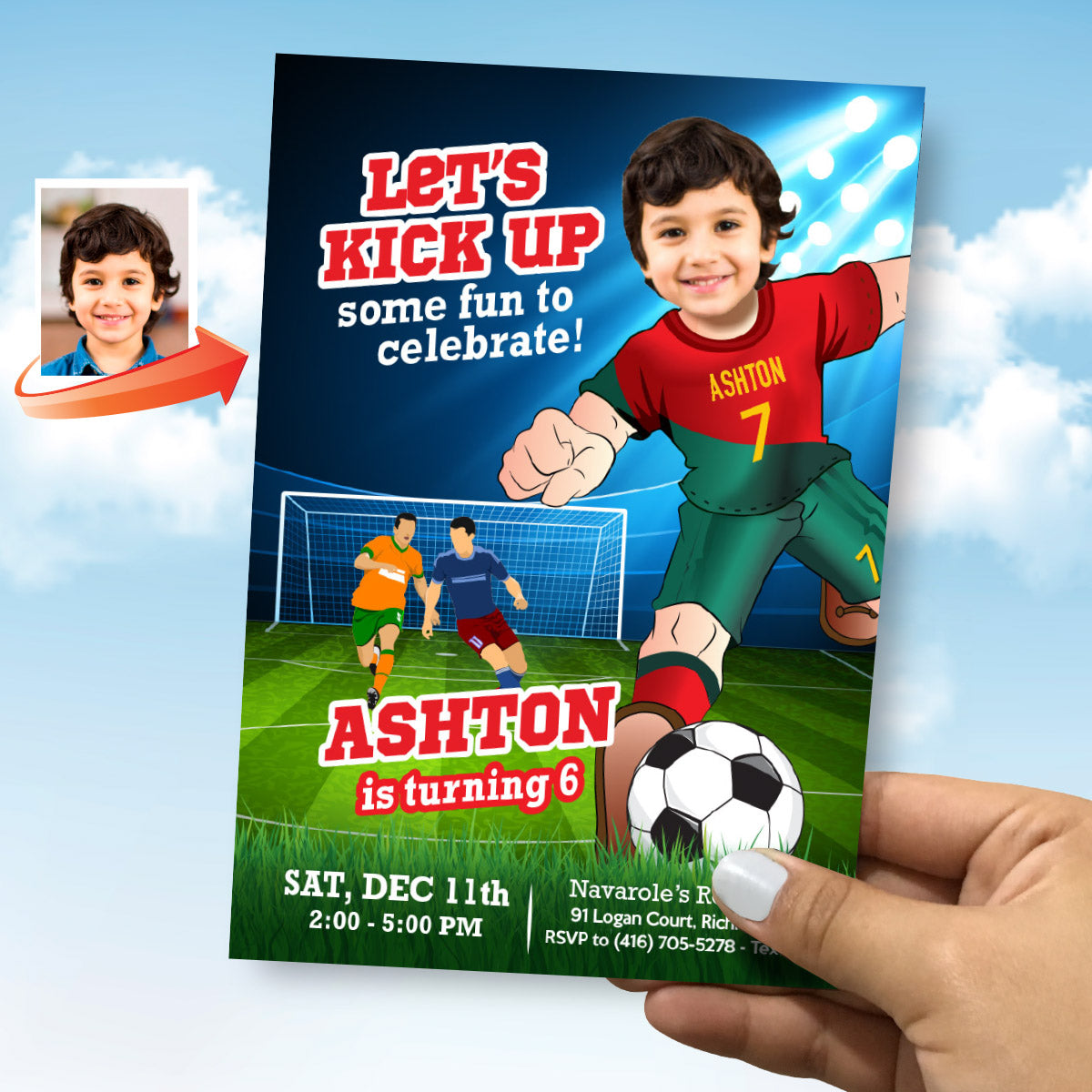 Ronaldo Soccer birthday invitation with kid as his favorite player, Ronaldo party template with photo. 2413IN