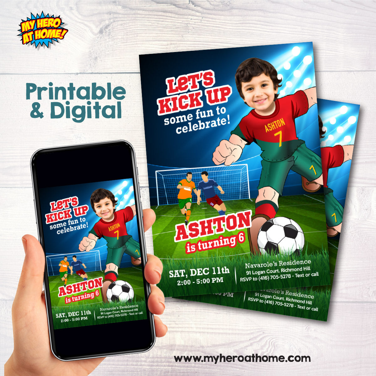 Ronaldo Soccer birthday invitation with kid as his favorite player, Ronaldo party template with photo. 2413IN