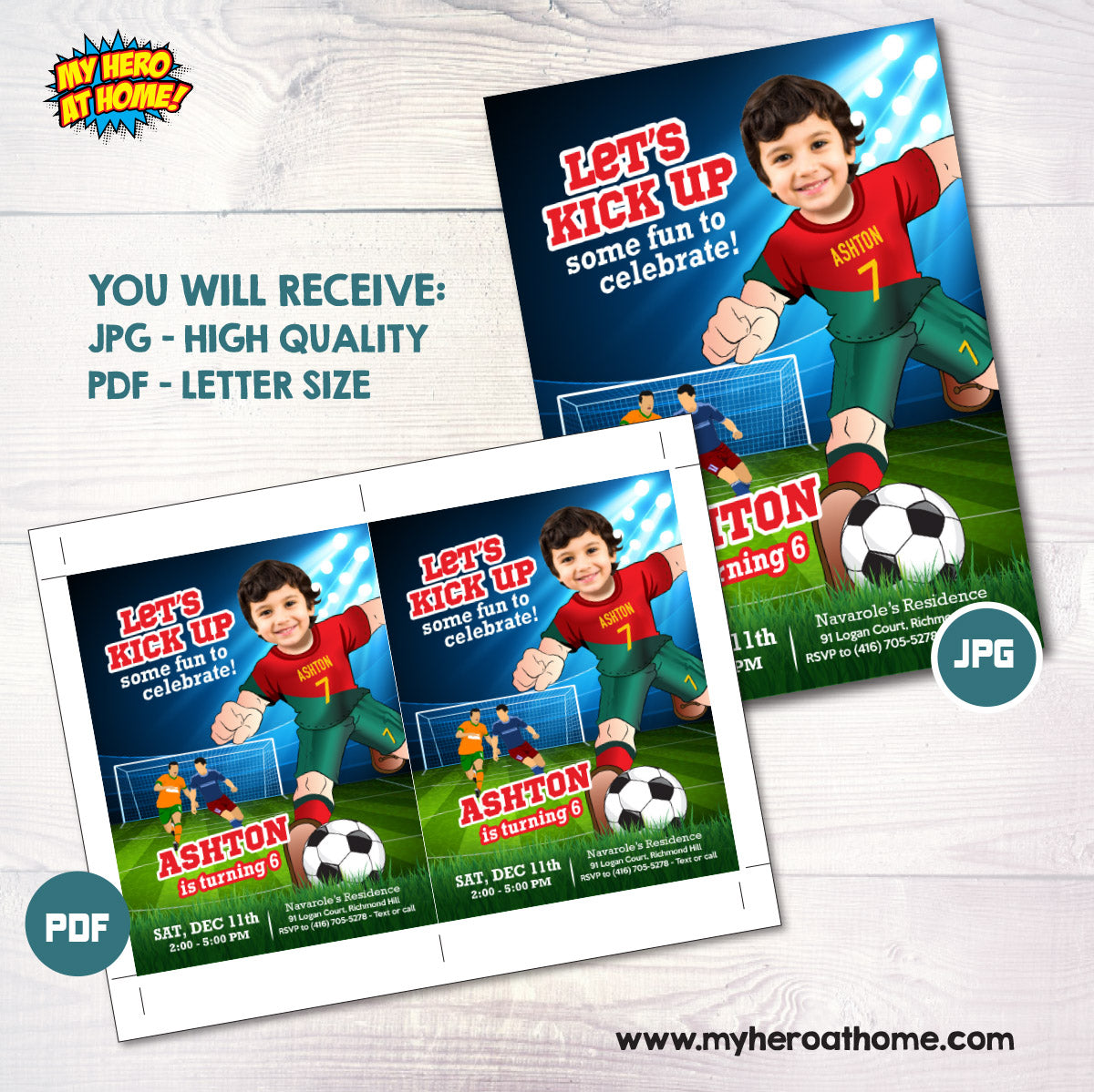 Ronaldo Soccer birthday invitation with kid as his favorite player, Ronaldo party template with photo. 2413IN
