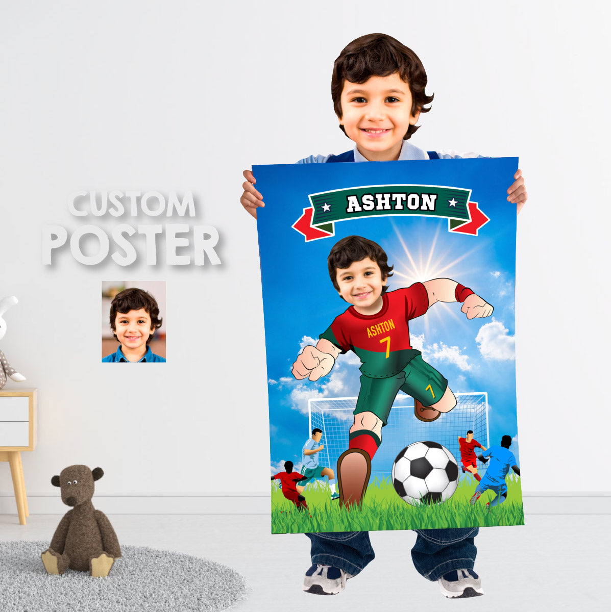 Soccer poster with kid as his favorite player Ronaldo, Printable gift of Ronaldo Futbol. 2413PG